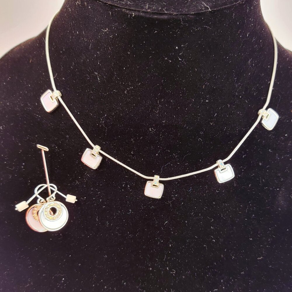 Ann Klein Square, Crystal & Shell Pendants on a Silver-Tone Necklace & Earrings